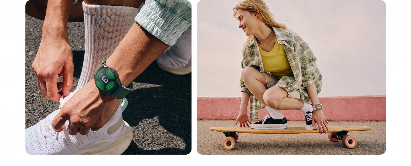 A hand tying a shoe is wearing a Galaxy Watch7 displaying the workout tracking countdown screen. In another scene, a woman wearing a Galaxy Watch7 is riding a skateboard.